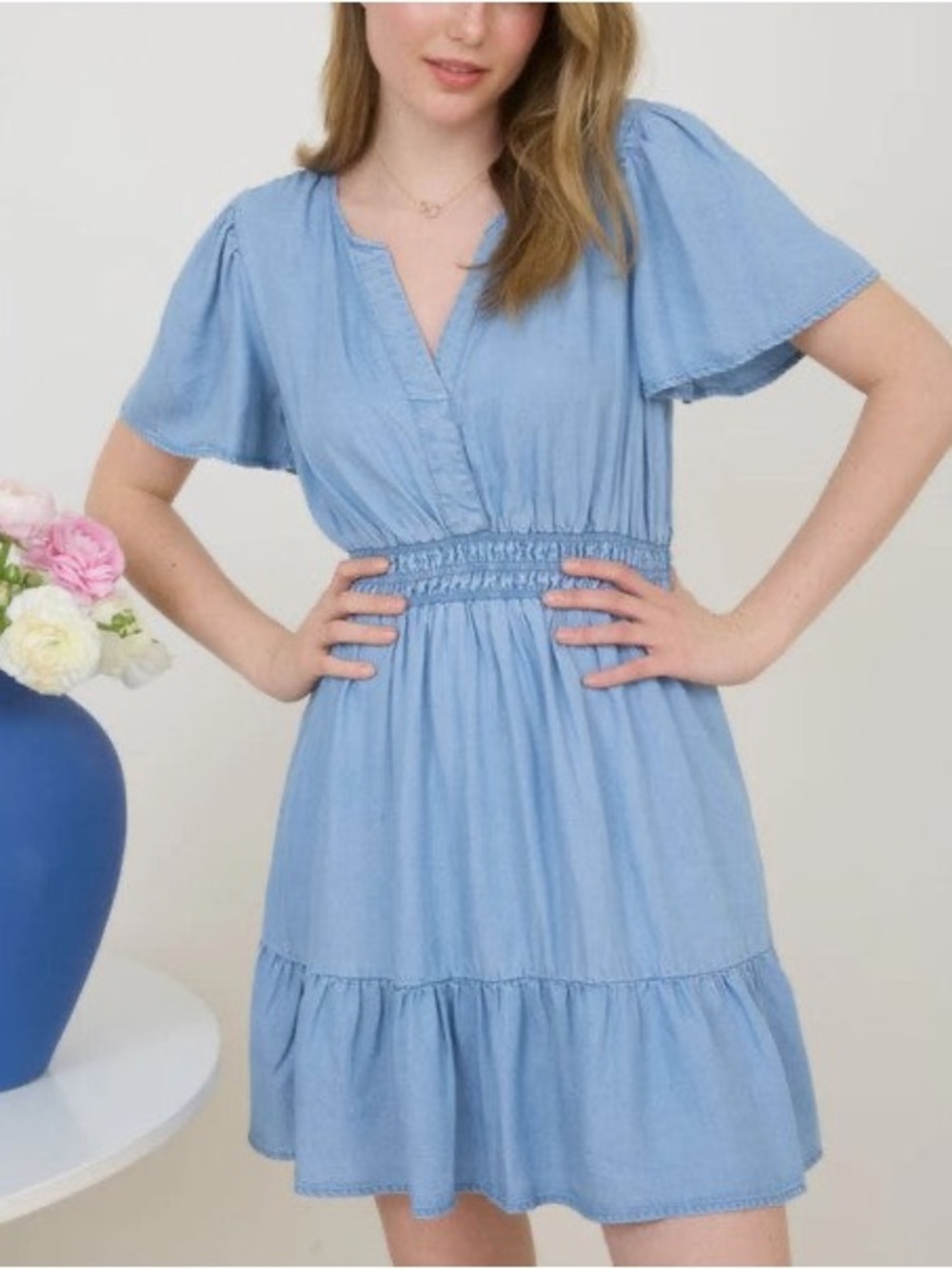 Blu Pepper Chambray Split Neck Flounce  Smocked Waist Mini Dress